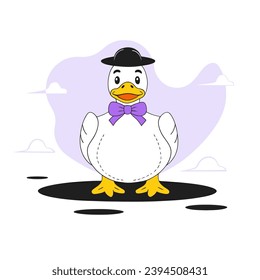 A duck in a hat and bow tie stands in a puddle, vector illustration.