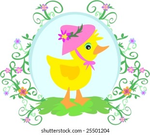 Duck with Hat, Flowers, and Vines Vector