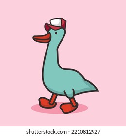 Duck with hat walking cartoon mascot, flat design style