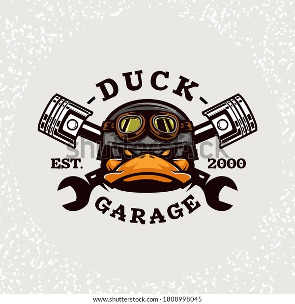 Duck head auto\
repair and custom Garage  logo. Design element for company logo,\
label, emblem, sign, apparel or other merchandise. Scalable and\
editable Vector\
illustration.