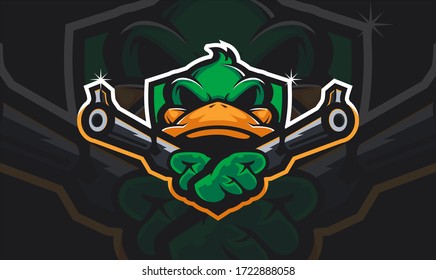 Duck head holding two gun, tactical team, Airsoft gun or Paintball club logo. Design element for company logo, label, emblem, apparel or other merchandise. Scalable and editable Vector illustration