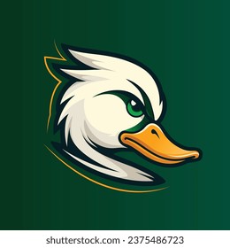 Ilustración de la cabeza de pato para ser utilizada como logo o equipo atlético o mascota escolar. Caricatura en blanco y verde con acentos dorados amarillos. Archivo vectorial editable con intervalos. Un gráfico de clipart.