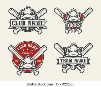 Duck head sport logo. Set of baseball emblems, badges, logos and labels. Design element for company logo, label, emblem, apparel or other merchandise. Scalable and editable Vector illustration.