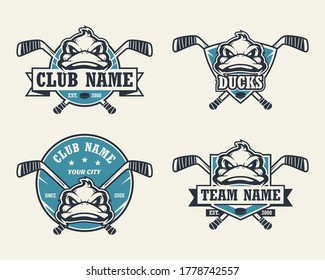 Duck head sport logo. Set of hockey emblems, badges, logos and labels. Design element for company logo, label, emblem, apparel or other merchandise. Scalable and editable Vector illustration.