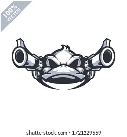 Cabeza de pato con dos armas, equipo táctico, arma Airsoft o logo del club de balonmano. Elemento de diseño para el logotipo, la etiqueta, el emblema, el signo, la ropa u otra mercancía de la empresa. Ilustración de vectores escalable y editable