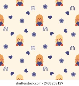 Duck heart blue cartoon so cute. On flower rainbow heart background. Pattern seamless vector illustration. 
