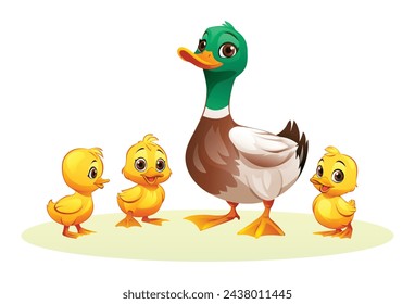 Duck with her cute ducklings. Vector cartoon illustration