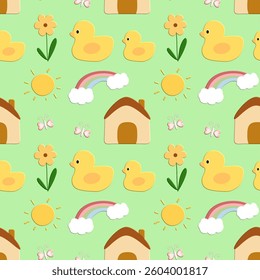 Duck, house, sun , rainbow , flowers on green background, Fabric pattern, Wrapping paper, Seamless pattern