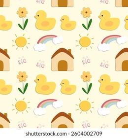 Duck, house, sun , rainbow , flowers on yellow background, Fabric pattern, Wrapping paper, Seamless pattern