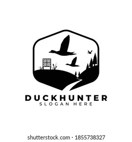 Duck hunt logo vector template illustration design, duck hunter vintage logo , pine tree logo