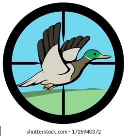 Duck hunted flying up inside crosshairs circle cartoon, color vector illustration, horizontal, over white, isolated
