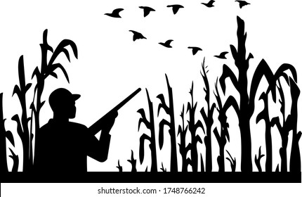  Duck Hunter In Flooded Cornfield With Geese Flying Silhouette Retro