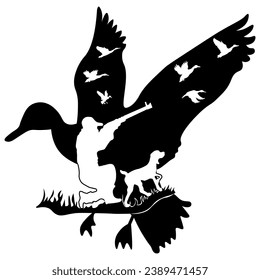 Duck and Hunter, Hand Drawn Vector Illustration
