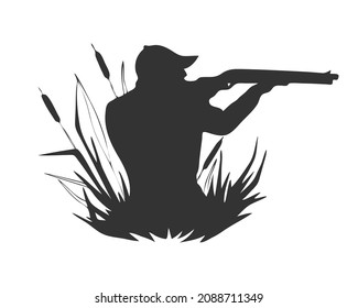 Duck Hunter Silhouette, Thickets Of Reeds, Logo, Label, Isolated On White Background. Vector Illustration