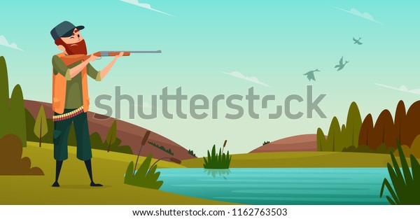アヒルの狩りの背景 狩りの猟師のイラスト ベクターハンター鳥の撮影で屋外を狙う のベクター画像素材 ロイヤリティフリー