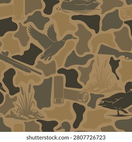 Duck hunting camouflage pattern with shotgun and waterfowl silhouettes. Old school seamless camo design. Vector digital hunting background.