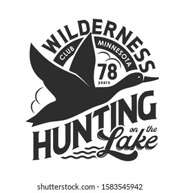Duck hunting club isolated monochrome t-shirt print design. Vector hunt on birds at lake, flying feathered animal in sky black silhouette. Wilderness, wildlife poultry trophy, hunting hobby