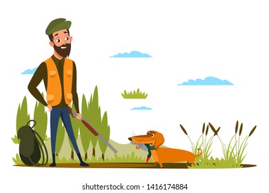 Duck hunting hobby flat vector illustration. Smiling hunter holding weapon, rifle cartoon character. Gun dog brings prey, dead bird. Young man with dachshund in forest. Outdoor adventure, recreation