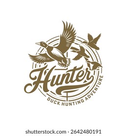 Logotipo de caça de pato, Carimbo de caça de pato, Vintage Hunter Logo Design Vetor Illustration