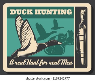 Duck Hunting Sport Poster, Flying Bird And Gun. Silhouette Of Wildlife Ducks And Rifle Shotgun. Hunting Club Badge, Poultry As Trophy. Vector Male Hobby With Weapon And Binoculars, Retro Style