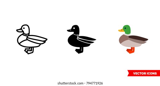 Duck icon of 3 types: color, black and white, outline. Isolated vector sign symbol.