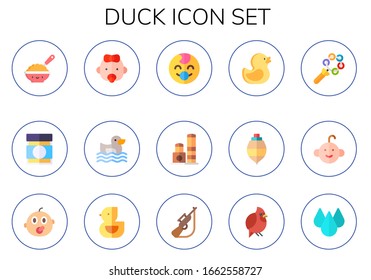 duck icon set. 15 flat duck icons. Included baby food, baby, ugly duckling, toy, rubber duck, spinning top, rattle, baby boy, ducky, hunting, bird, drop icons