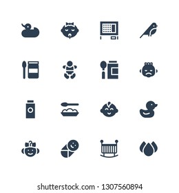 duck icon set. Collection of 16 filled duck icons included Drops, Crib, Baby, Duck, Baby boy, Baby food, powder, Bird, Rabbit hutch