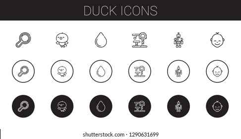 duck icons set. Collection of duck with rattle, bird, water drop, toy, baby. Editable and scalable duck icons.