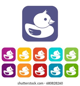 Duck icons set vector illustration in flat style in colors red, blue, green, and other