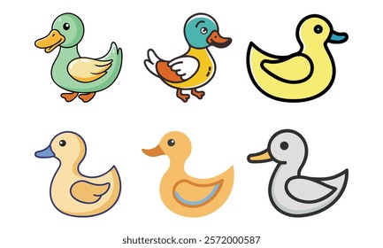 Duck illustrations in colorful cartoon styles, A collection of duck illustrations in various colorful cartoon styles, featuring playful designs and charming characters for creative projects. 