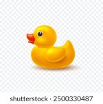 Duck isolated on transparent background. Yellow bath baby rubber toy. Vector 3d bathtub kid game element template