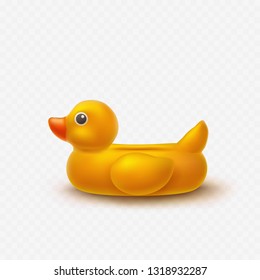 Duck isolated on transparent background. Yellow inflatable swimming pool ring. Vector 3d float duck vacation icon. Summer beach, pool or bathroom toy template.