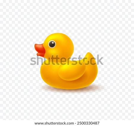 Duck isolated on transparent background. Yellow bath baby rubber toy. Vector 3d bathtub kid game element template