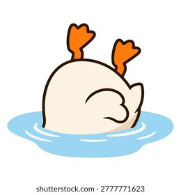 Duck in kawaii cartoon style diving upside down in blue water, with orange feet sticking up and a soft rounded body. Isolated on white background, suitable for stickers, nursery decor, kids prints, greeting cards, summer designs, and cute animal themed graphics.