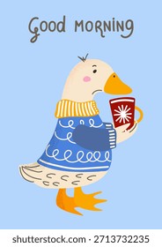 Pato en suéter de punto bebe de la taza. Tarjeta con letras Buenos días. Ambiente acogedor de invierno