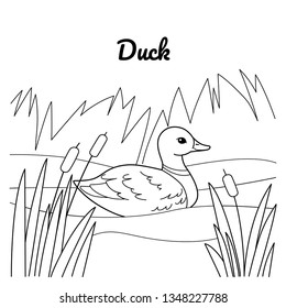 Duck in lake. Coloring book for kids. Cartoon vector illustration for prints, posters, t-shorts and postcards.