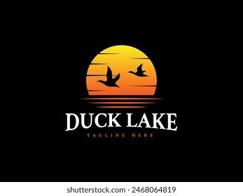 duck lake logo vector illustration. sunset silhouette duck logo template