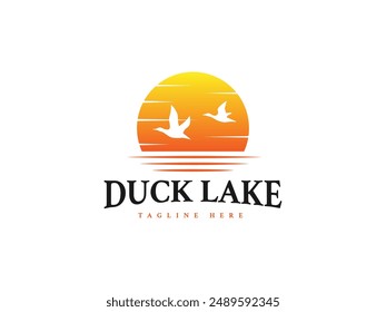 duck lake logo vector illustration. sunset silhouette duck logo template	