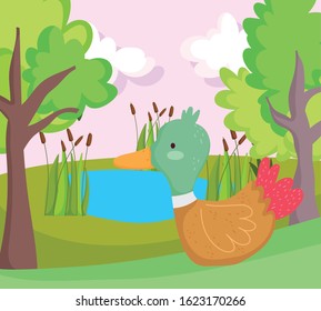 duck lake plants greenery trees farm animal cartoon vector illustration