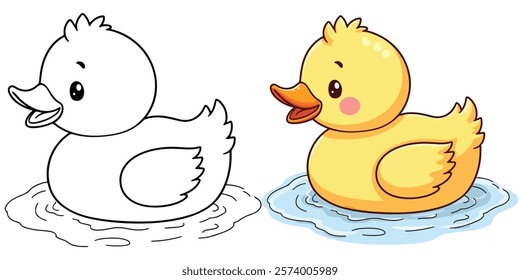 Duck Line Art Vector Outline Illustration Black and White with Coloring Sample. Bold and Easy Farm and Domestic Animal Coloring Pages for Adults and Kids.