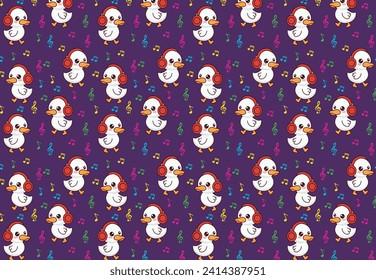 duck listening to music, illustration pattern, vector, for fabrics, backgrounds