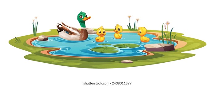 Duck and little ducklings swimming in the pond. Vector cartoon illustration isolated on white background