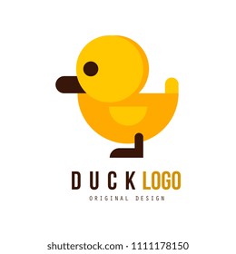 Duck logo original design, badge with yellow toy rubber duck vector Illustration on a white background