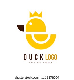 Duck logo original design, badge with yellow rubber duck for your own design vector Illustration on a white background