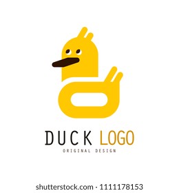Duck logo original design, creative badge with yellow rubber duck for your own design vector Illustration