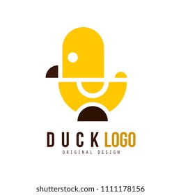 Duck logo original design, creative badge with yellow toy rubber duck vector Illustration on a white background