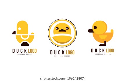 Duck Logo Original Templates Design Set, Badge, Label with Yellow Rubber Duck Vector Illustration