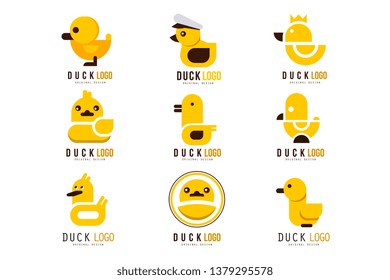 Duck logo set, design elements with yellow toy rubber duck for your own design vector Illustrations on a white background