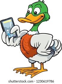 Duck makes selfie on a mobile phone. Vector illustration