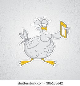 Duck makes selfie on a mobile phone. Vector illustration.